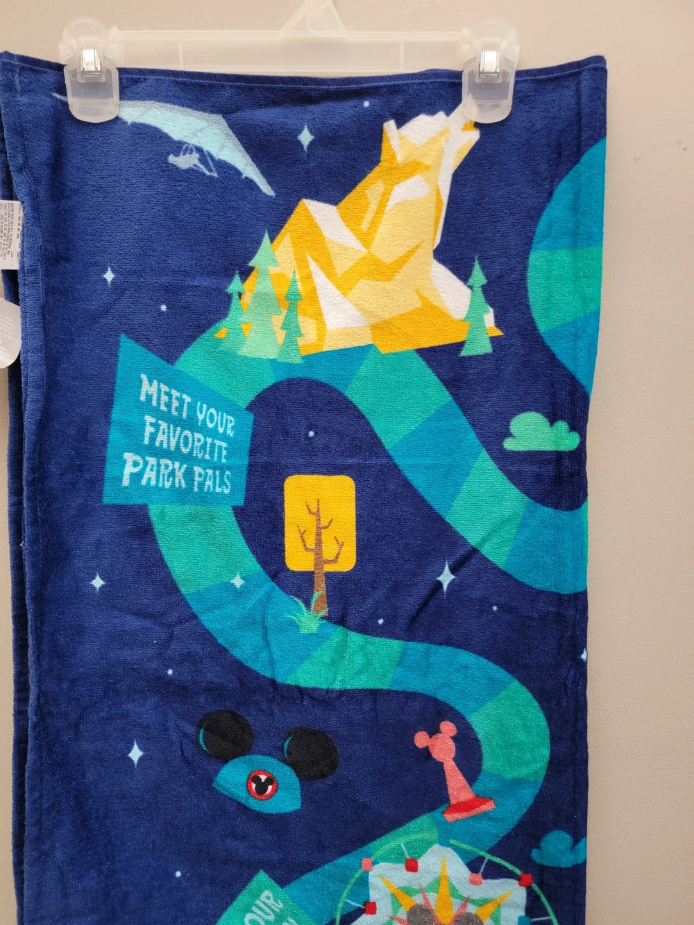 Disney Parks Beach Towel Navy Blue with Teal, Yellow & Pink Character Design